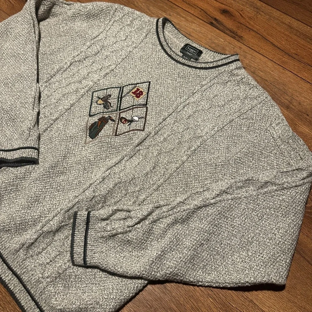 Vintage Haggar Grey Golf Embroidered Cable Knit Sweater Mens XL